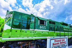 French Lick Scenic Railway engine and sign