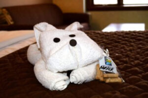SpringMillInnTowelDog Spring Mil Inn towels in the shape of a dog with dog treats on bed in a pet friendly room