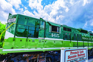French Lick Scenic Railway engine and sign